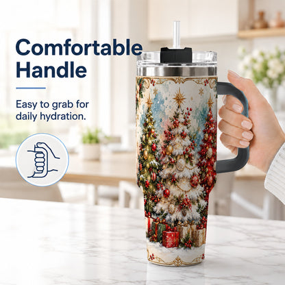 #pl[40oz|Black] Decorated Tree 40oz Tumbler with Handle, Holiday Stainless Steel Travel Cup