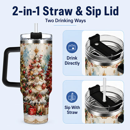 #pl[40oz|Black] Decorated Tree 40oz Tumbler with Handle, Holiday Stainless Steel Travel Cup