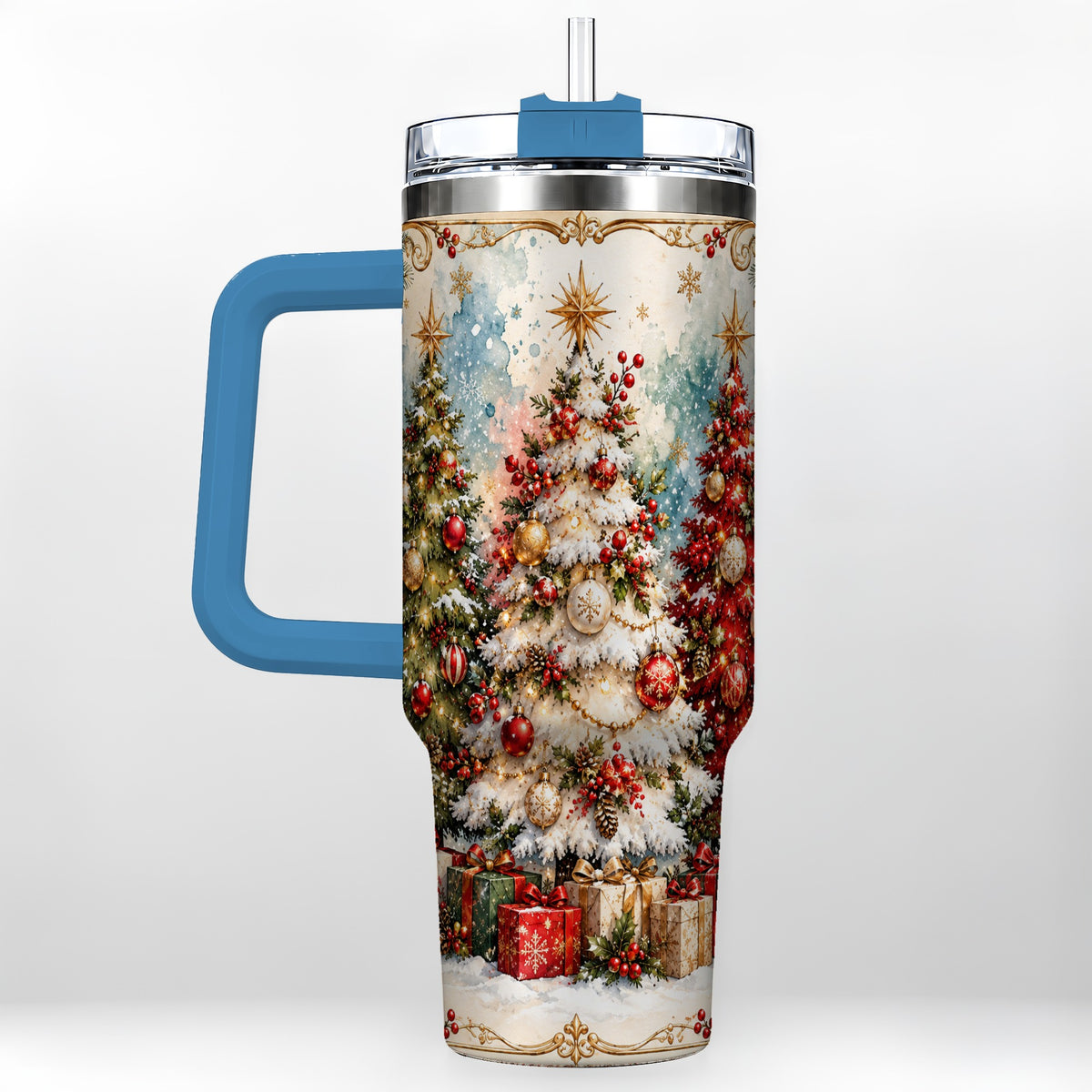 #pl[40oz|Blue] Decorated Tree 40oz Tumbler with Handle, Holiday Stainless Steel Travel Cup