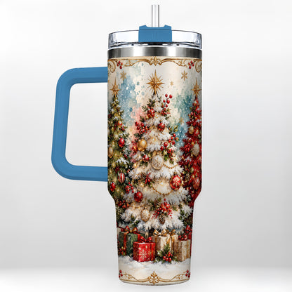 #pl[40oz|Blue] Decorated Tree 40oz Tumbler with Handle, Holiday Stainless Steel Travel Cup