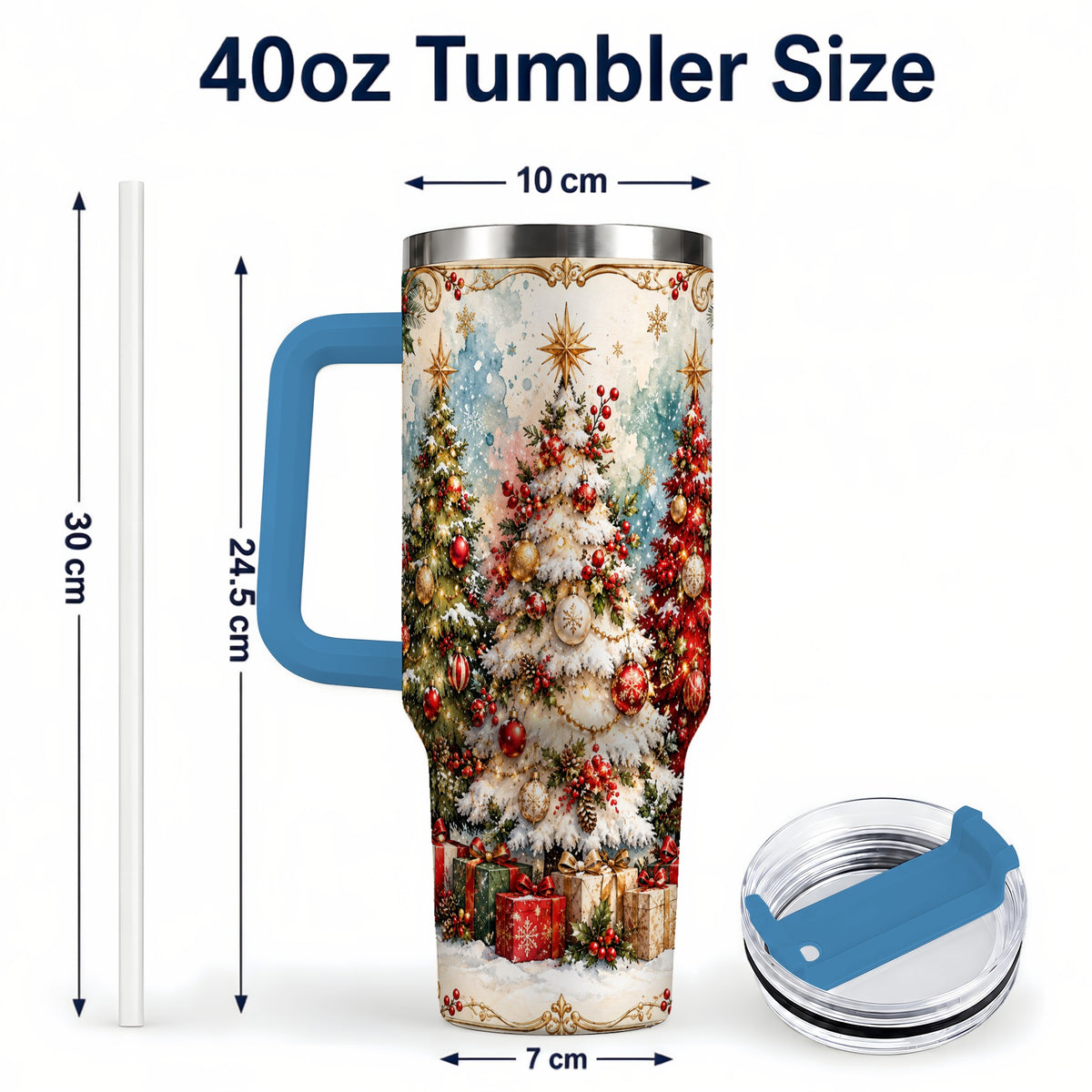 #pl[40oz|Blue] Decorated Tree 40oz Tumbler with Handle, Holiday Stainless Steel Travel Cup