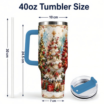 #pl[40oz|Blue] Decorated Tree 40oz Tumbler with Handle, Holiday Stainless Steel Travel Cup
