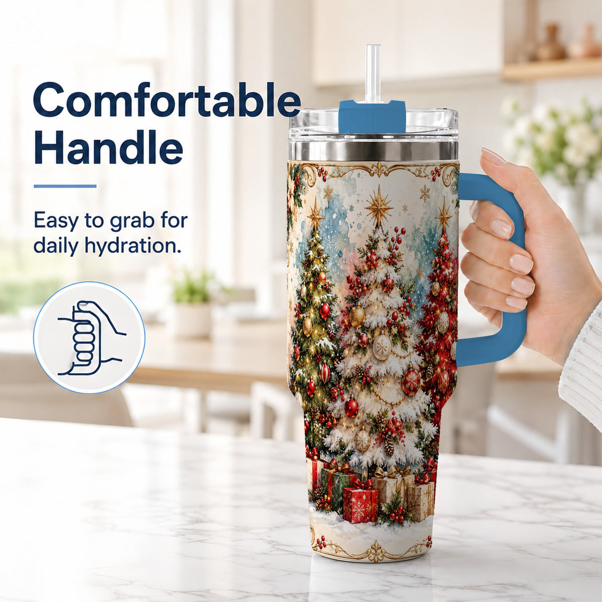 #pl[40oz|Blue] Decorated Tree 40oz Tumbler with Handle, Holiday Stainless Steel Travel Cup