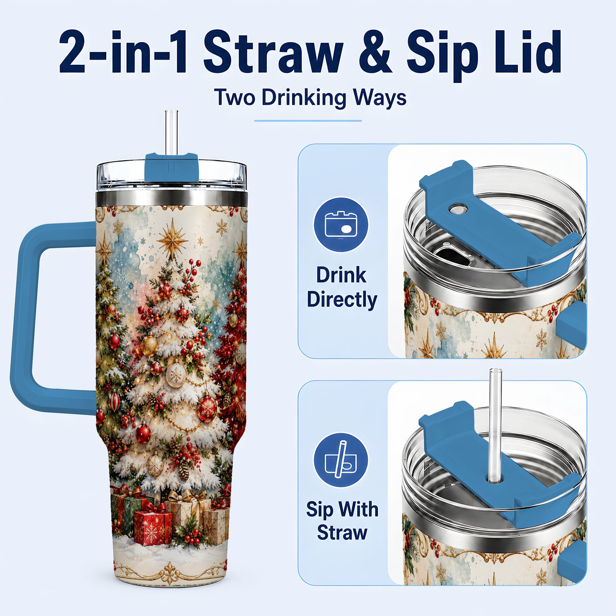 #pl[40oz|Blue] Decorated Tree 40oz Tumbler with Handle, Holiday Stainless Steel Travel Cup