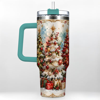 #pl[40oz|Green] Decorated Tree 40oz Tumbler with Handle, Holiday Stainless Steel Travel Cup