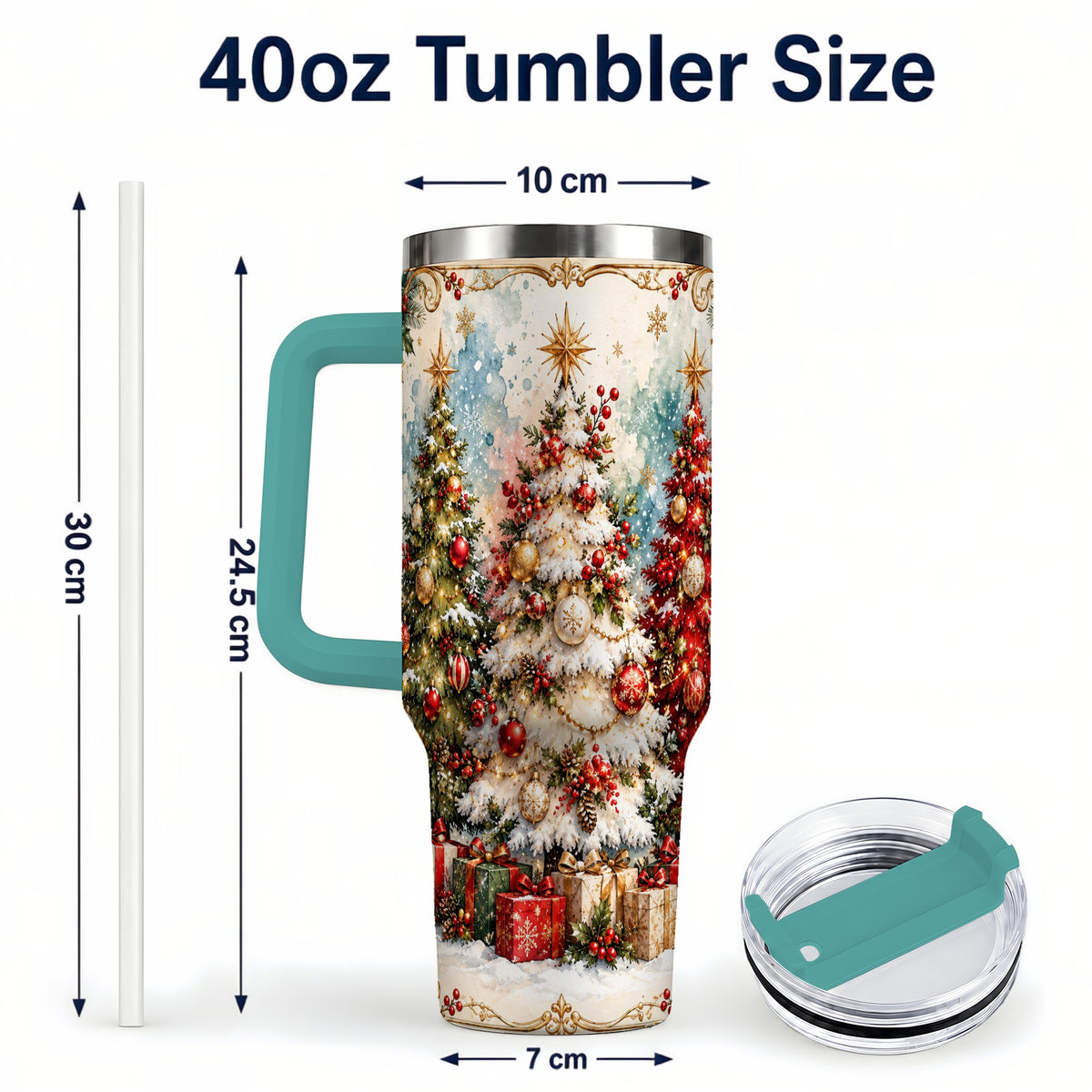 #pl[40oz|Green] Decorated Tree 40oz Tumbler with Handle, Holiday Stainless Steel Travel Cup
