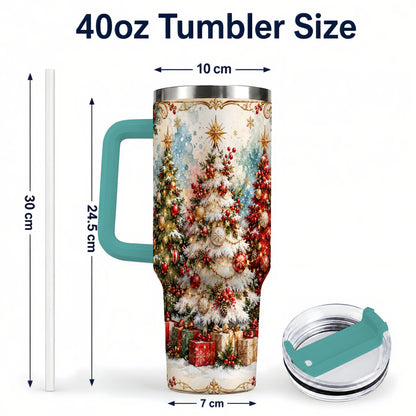 #pl[40oz|Green] Decorated Tree 40oz Tumbler with Handle, Holiday Stainless Steel Travel Cup