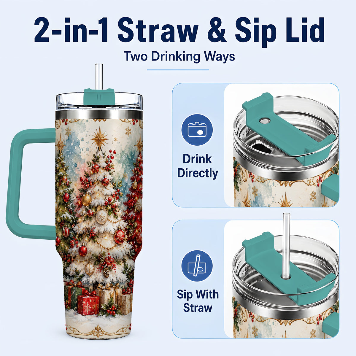 #pl[40oz|Green] Decorated Tree 40oz Tumbler with Handle, Holiday Stainless Steel Travel Cup
