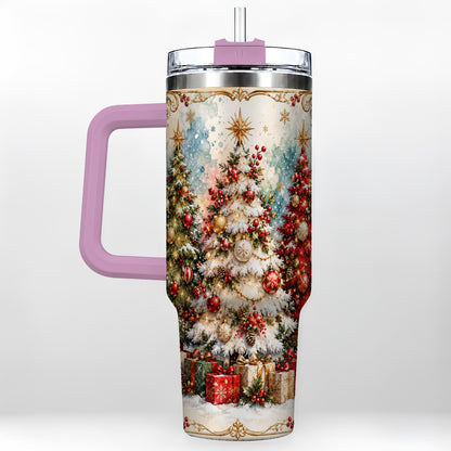 #pl[40oz|Pink] Decorated Tree 40oz Tumbler with Handle, Holiday Stainless Steel Travel Cup
