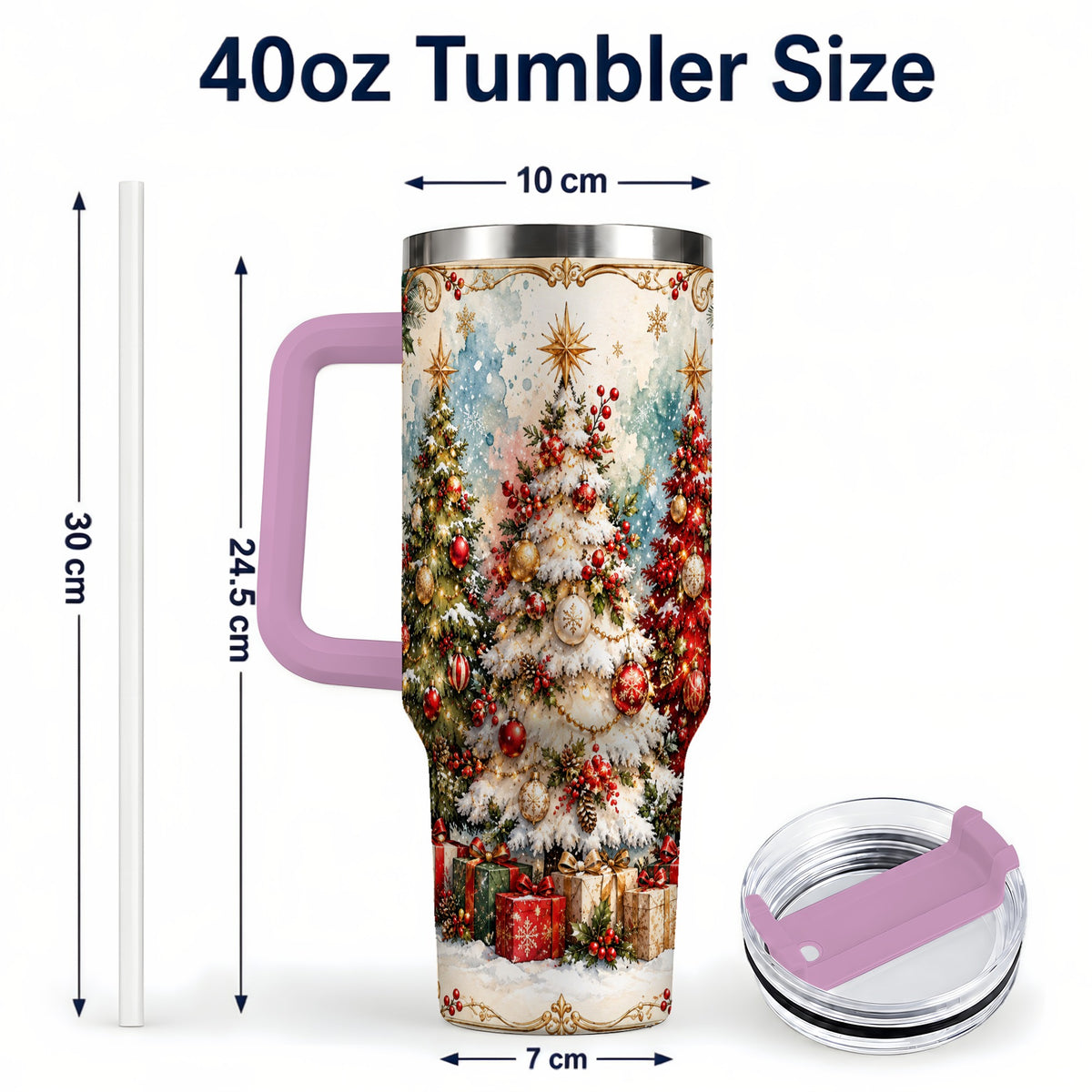 #pl[40oz|Pink] Decorated Tree 40oz Tumbler with Handle, Holiday Stainless Steel Travel Cup