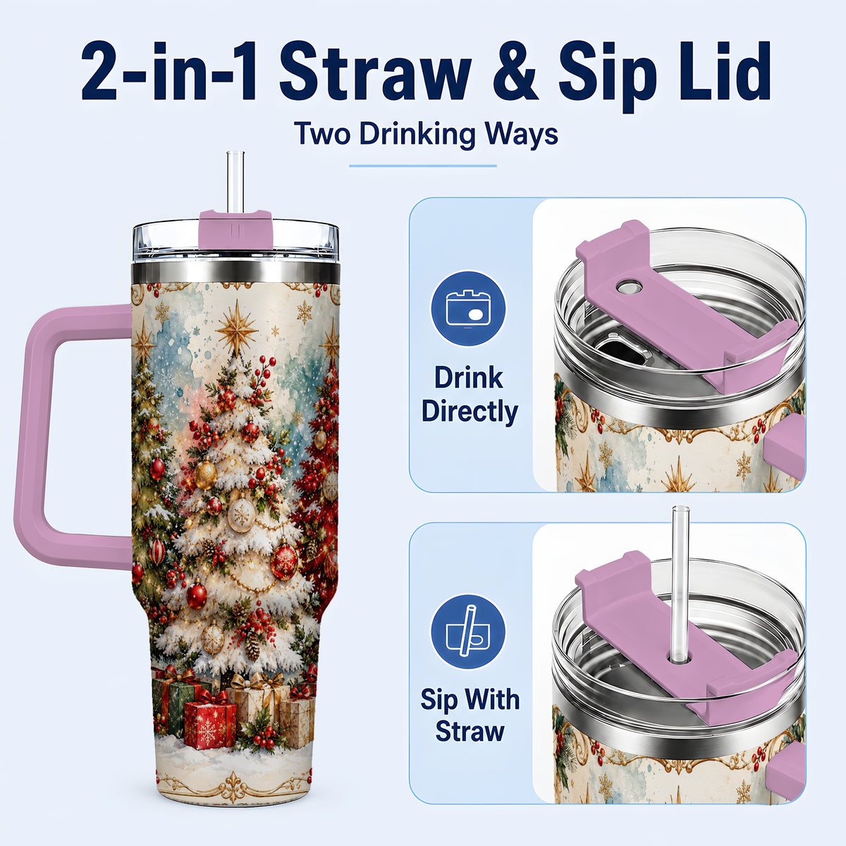 #pl[40oz|Pink] Decorated Tree 40oz Tumbler with Handle, Holiday Stainless Steel Travel Cup