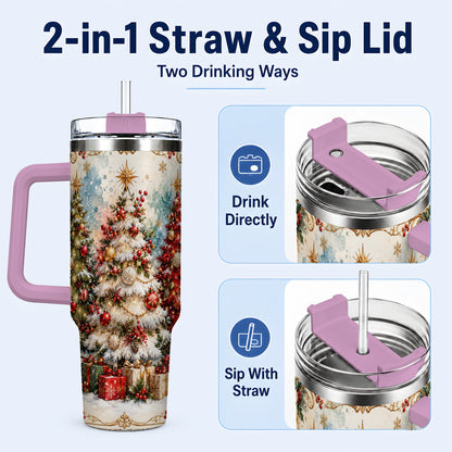 #pl[40oz|Pink] Decorated Tree 40oz Tumbler with Handle, Holiday Stainless Steel Travel Cup