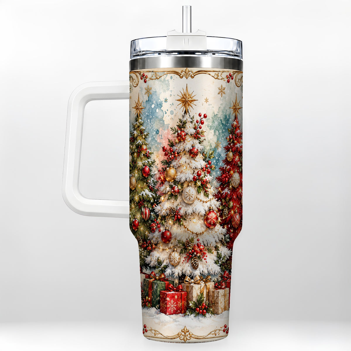 Decorated Tree 40oz Tumbler with Handle, Holiday Stainless Steel Travel Cup