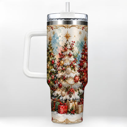 Decorated Tree 40oz Tumbler with Handle, Holiday Stainless Steel Travel Cup