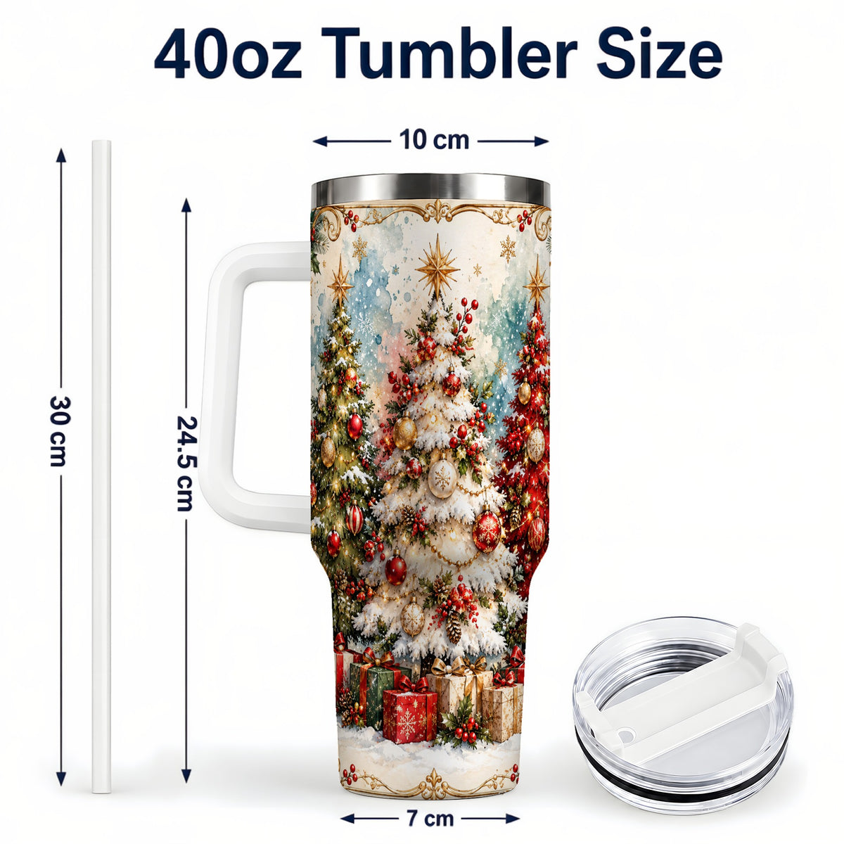 #pl[40oz|White] Decorated Tree 40oz Tumbler with Handle, Holiday Stainless Steel Travel Cup