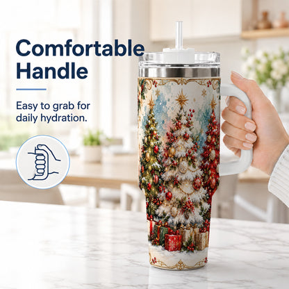 #pl[40oz|White] Decorated Tree 40oz Tumbler with Handle, Holiday Stainless Steel Travel Cup