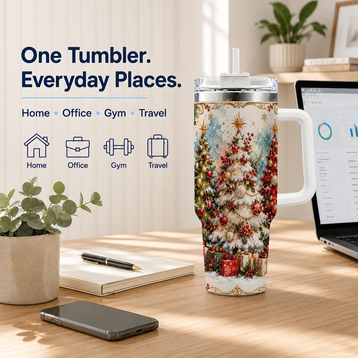 Decorated Tree 40oz Tumbler with Handle, Holiday Stainless Steel Travel Cup