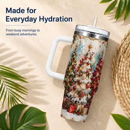 Decorated Tree 40oz Tumbler with Handle, Holiday Stainless Steel Travel Cup