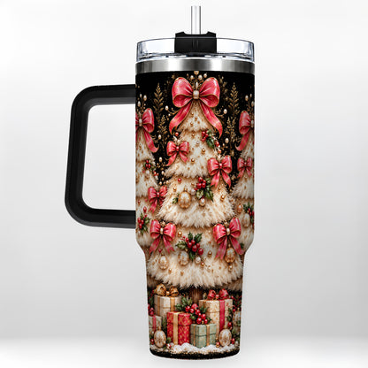 #pl[40oz|Black] Pink Bow Tree 40oz Tumbler with Handle, Festive Stainless Steel Travel Cup
