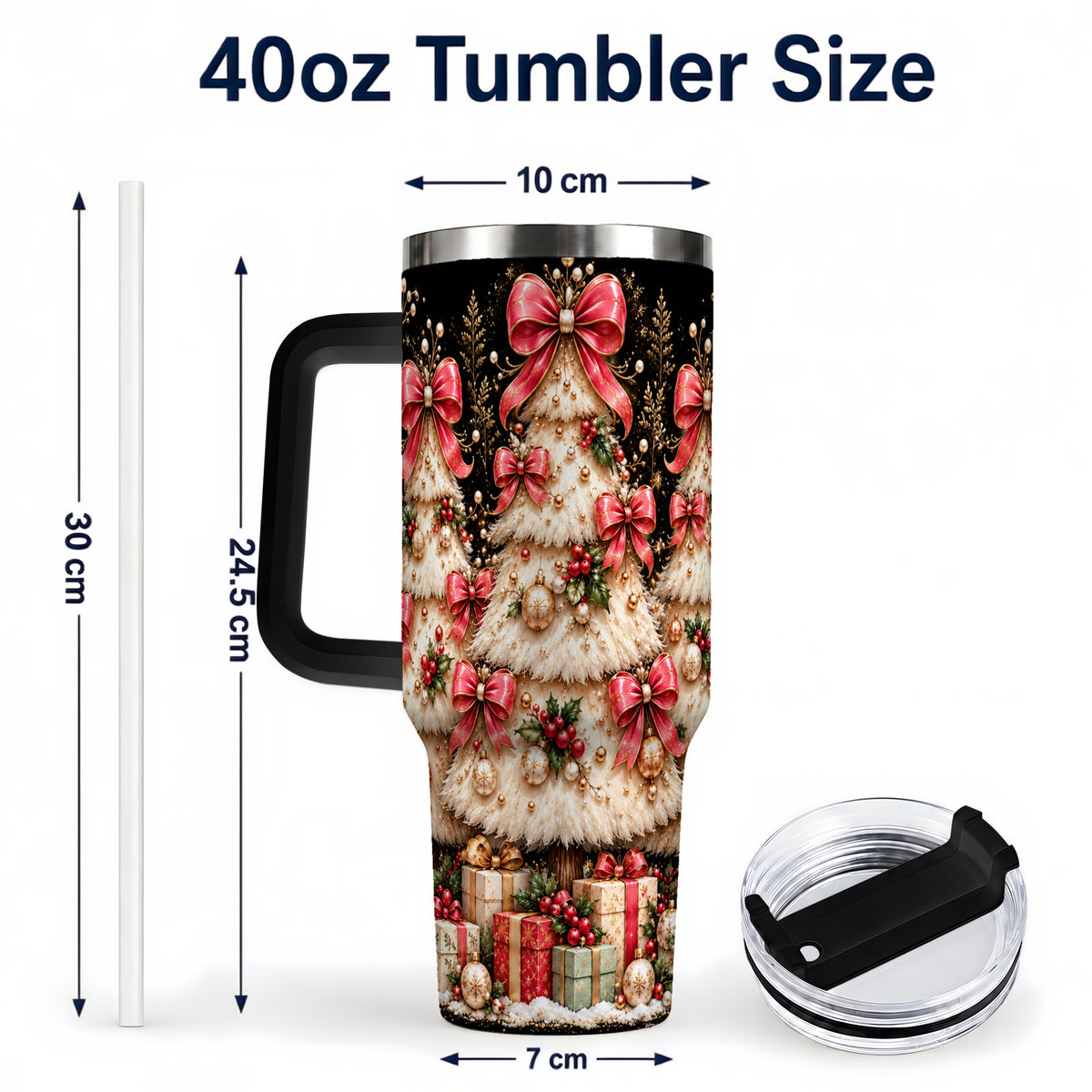 #pl[40oz|Black] Pink Bow Tree 40oz Tumbler with Handle, Festive Stainless Steel Travel Cup