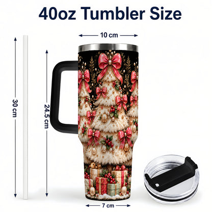 #pl[40oz|Black] Pink Bow Tree 40oz Tumbler with Handle, Festive Stainless Steel Travel Cup