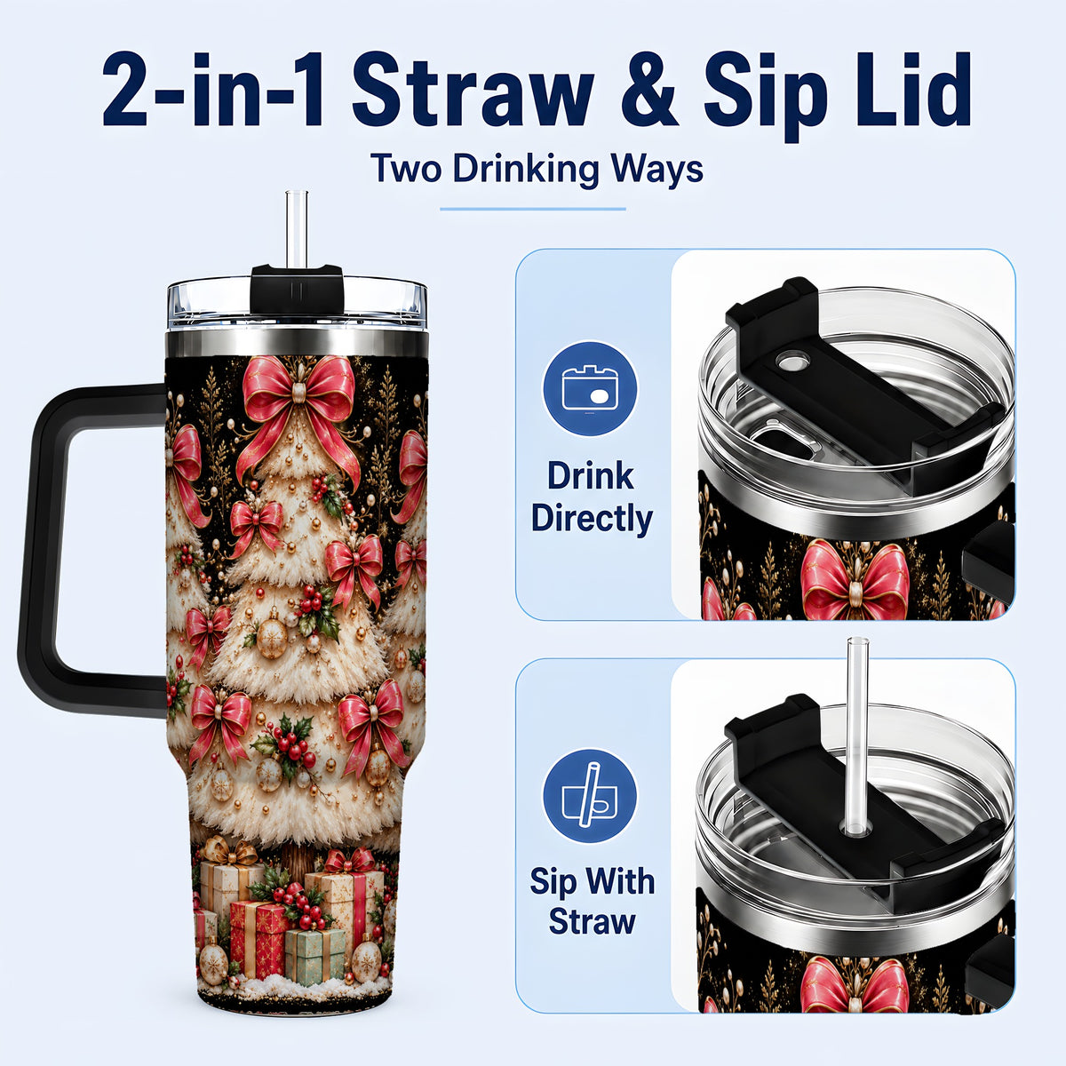 #pl[40oz|Black] Pink Bow Tree 40oz Tumbler with Handle, Festive Stainless Steel Travel Cup