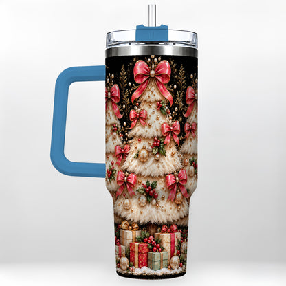 #pl[40oz|Blue] Pink Bow Tree 40oz Tumbler with Handle, Festive Stainless Steel Travel Cup