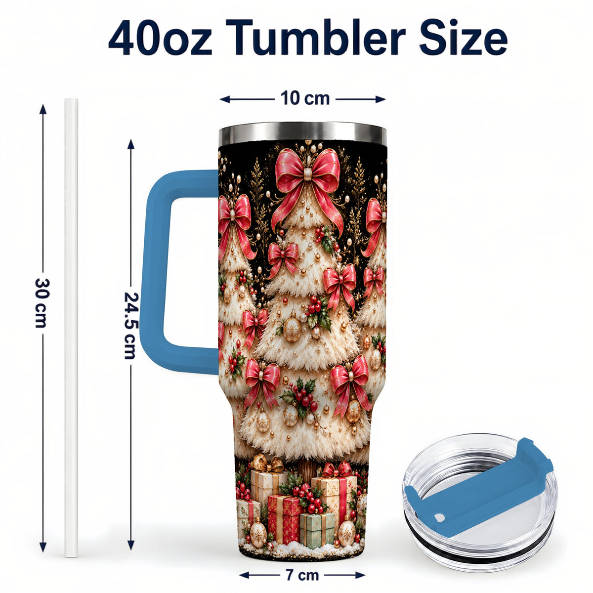 #pl[40oz|Blue] Pink Bow Tree 40oz Tumbler with Handle, Festive Stainless Steel Travel Cup