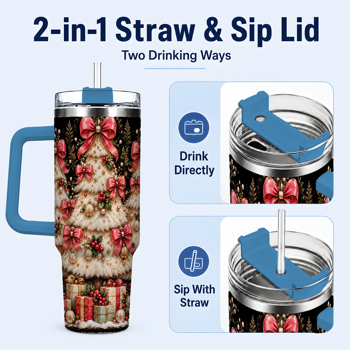 #pl[40oz|Blue] Pink Bow Tree 40oz Tumbler with Handle, Festive Stainless Steel Travel Cup