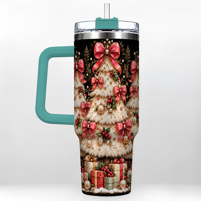 #pl[40oz|Green] Pink Bow Tree 40oz Tumbler with Handle, Festive Stainless Steel Travel Cup