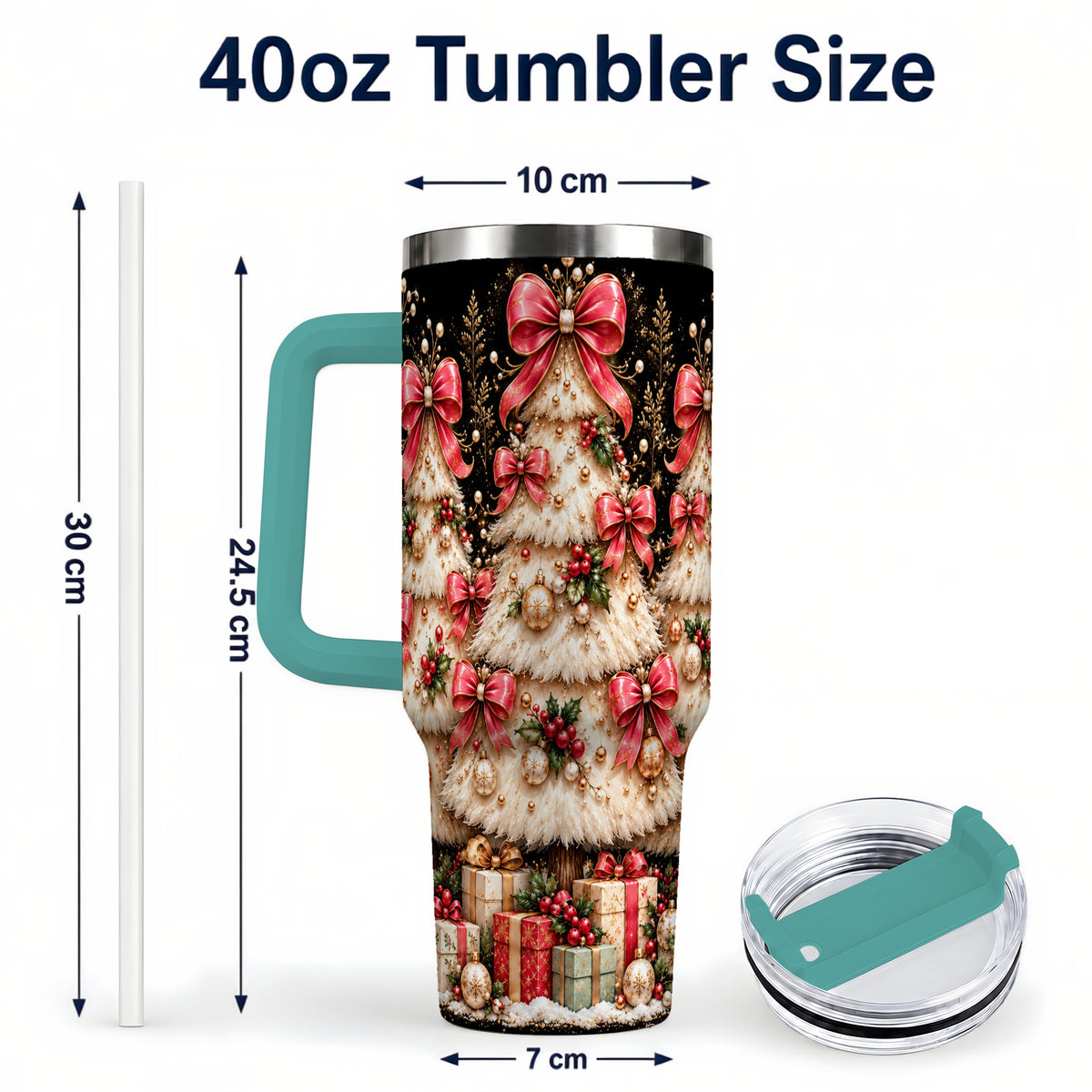 #pl[40oz|Green] Pink Bow Tree 40oz Tumbler with Handle, Festive Stainless Steel Travel Cup