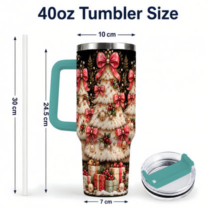 #pl[40oz|Green] Pink Bow Tree 40oz Tumbler with Handle, Festive Stainless Steel Travel Cup