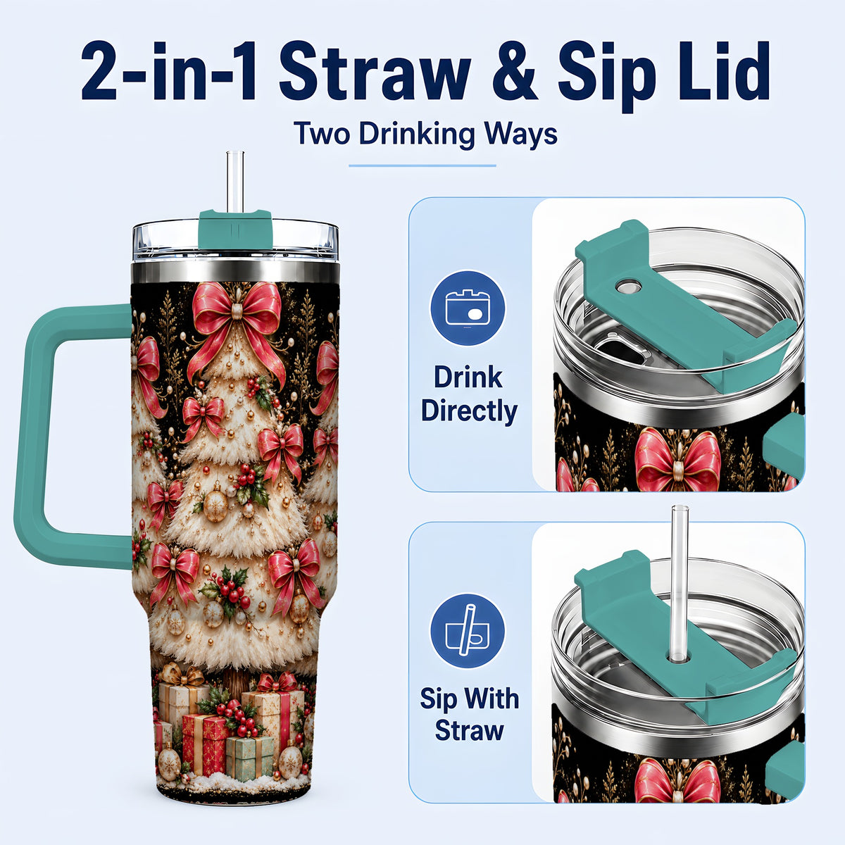 #pl[40oz|Green] Pink Bow Tree 40oz Tumbler with Handle, Festive Stainless Steel Travel Cup