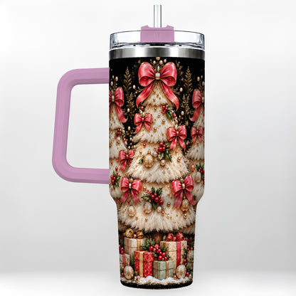 #pl[40oz|Pink] Pink Bow Tree 40oz Tumbler with Handle, Festive Stainless Steel Travel Cup