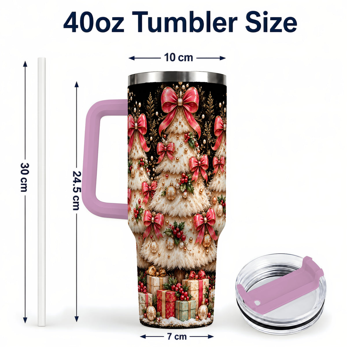 #pl[40oz|Pink] Pink Bow Tree 40oz Tumbler with Handle, Festive Stainless Steel Travel Cup