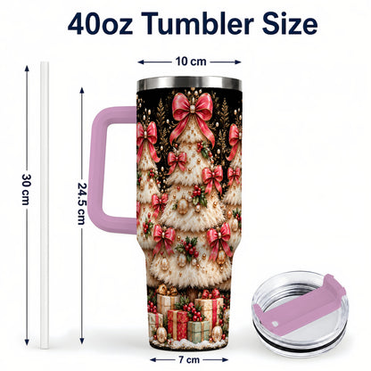 #pl[40oz|Pink] Pink Bow Tree 40oz Tumbler with Handle, Festive Stainless Steel Travel Cup