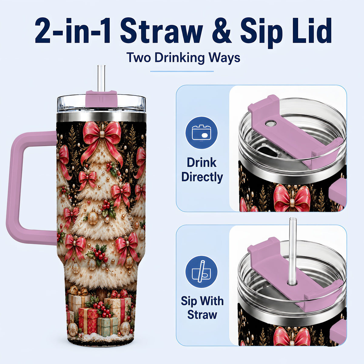 #pl[40oz|Pink] Pink Bow Tree 40oz Tumbler with Handle, Festive Stainless Steel Travel Cup