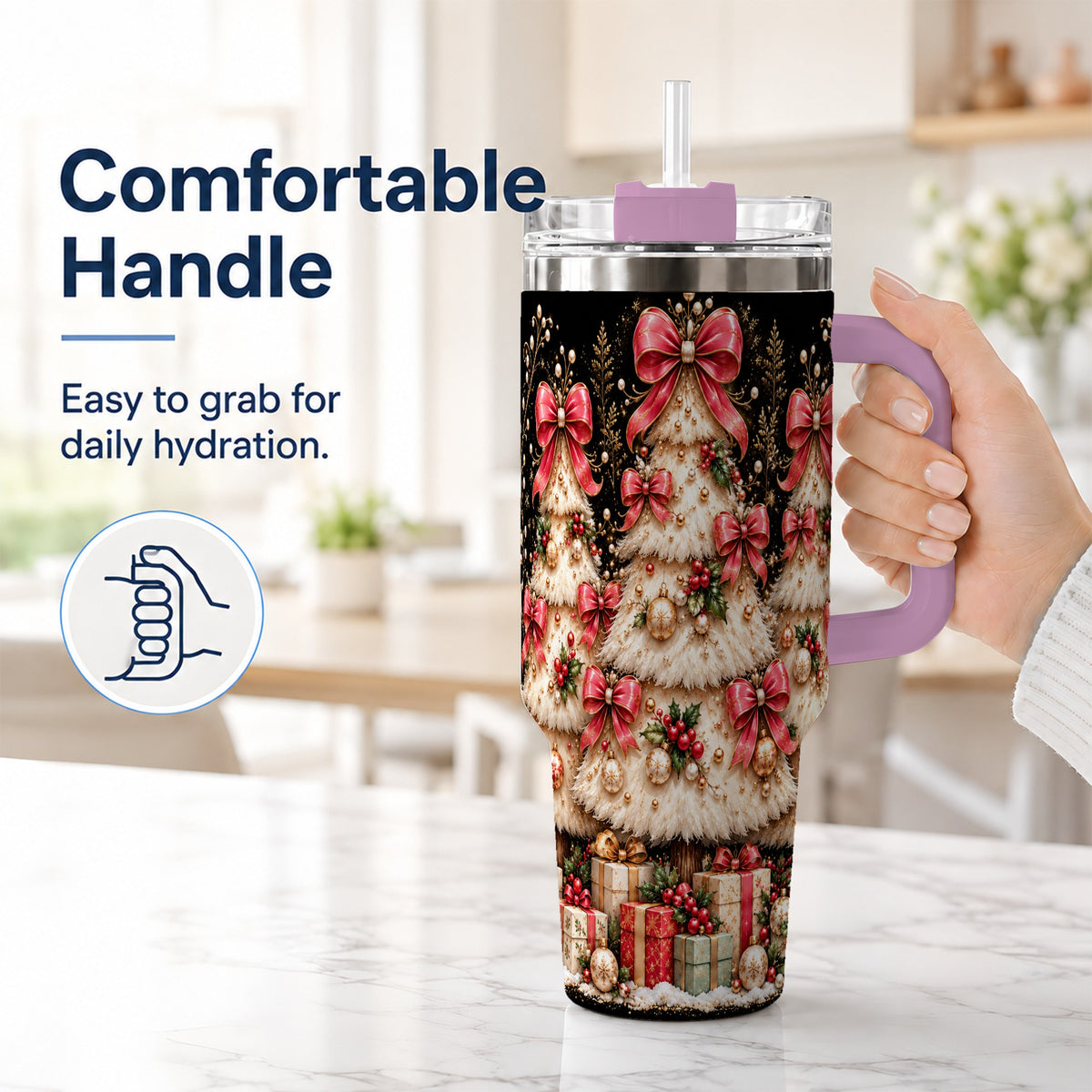 #pl[40oz|Pink] Pink Bow Tree 40oz Tumbler with Handle, Festive Stainless Steel Travel Cup