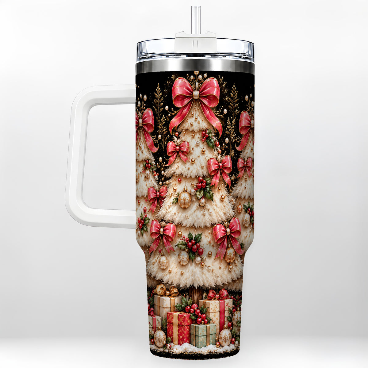 Pink Bow Tree 40oz Tumbler with Handle, Festive Stainless Steel Travel Cup