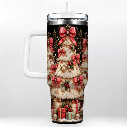 Pink Bow Tree 40oz Tumbler with Handle, Festive Stainless Steel Travel Cup