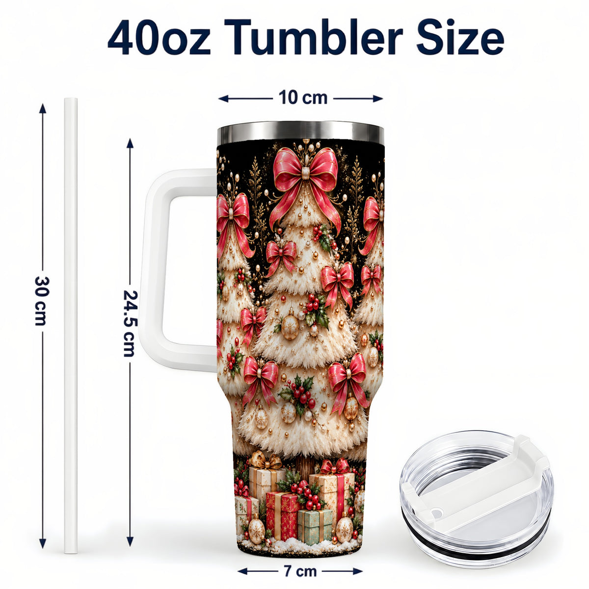 #pl[40oz|White] Pink Bow Tree 40oz Tumbler with Handle, Festive Stainless Steel Travel Cup