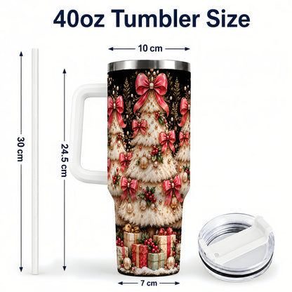 #pl[40oz|White] Pink Bow Tree 40oz Tumbler with Handle, Festive Stainless Steel Travel Cup