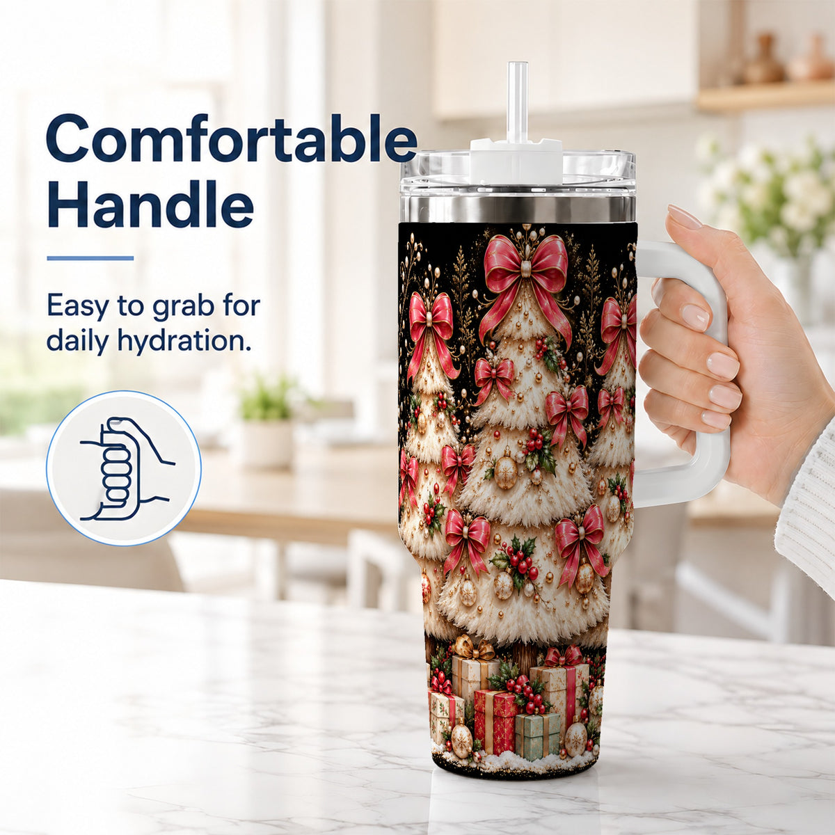#pl[40oz|White] Pink Bow Tree 40oz Tumbler with Handle, Festive Stainless Steel Travel Cup