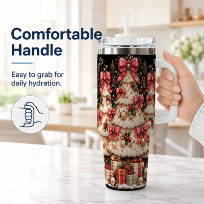 #pl[40oz|White] Pink Bow Tree 40oz Tumbler with Handle, Festive Stainless Steel Travel Cup