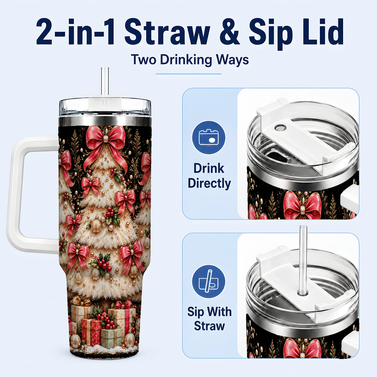 #pl[40oz|White] Pink Bow Tree 40oz Tumbler with Handle, Festive Stainless Steel Travel Cup