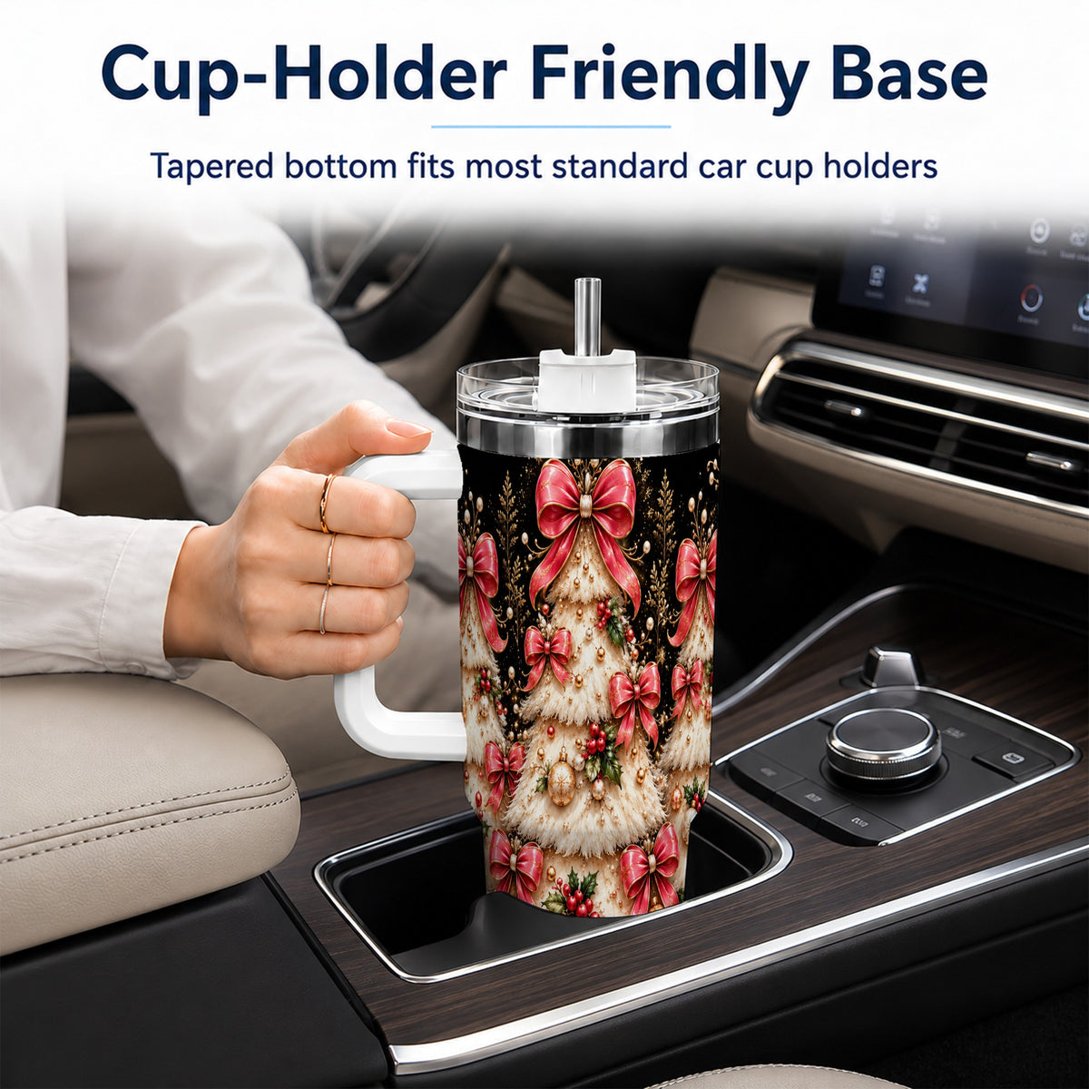 Pink Bow Tree 40oz Tumbler with Handle, Festive Stainless Steel Travel Cup