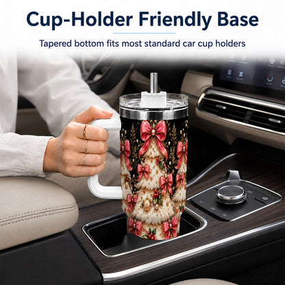 Pink Bow Tree 40oz Tumbler with Handle, Festive Stainless Steel Travel Cup