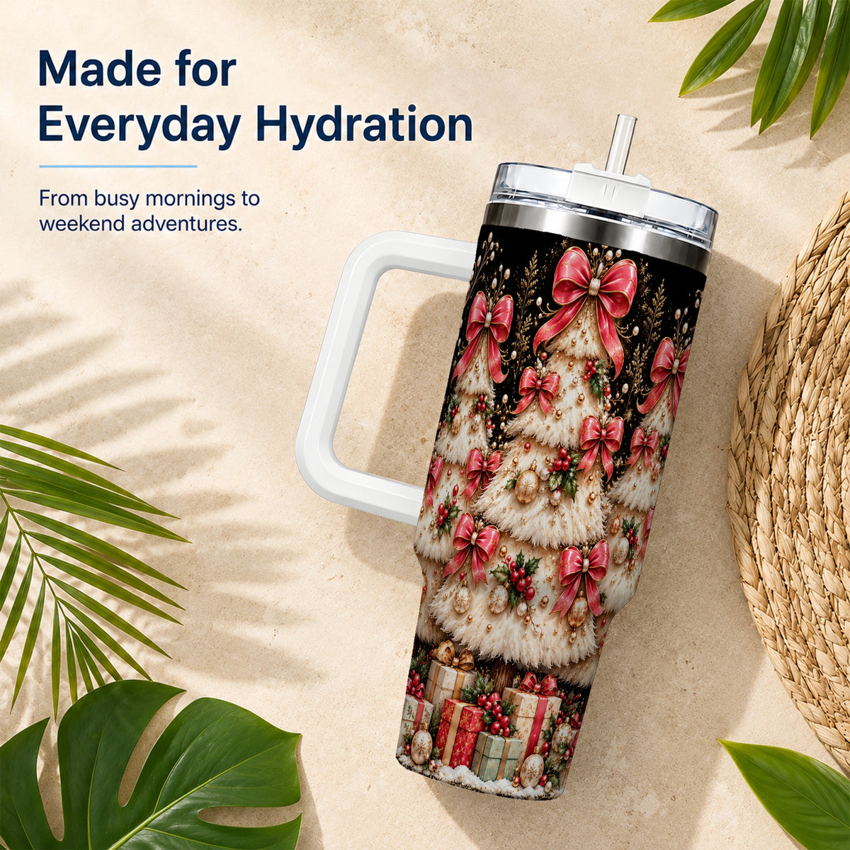 Pink Bow Tree 40oz Tumbler with Handle, Festive Stainless Steel Travel Cup