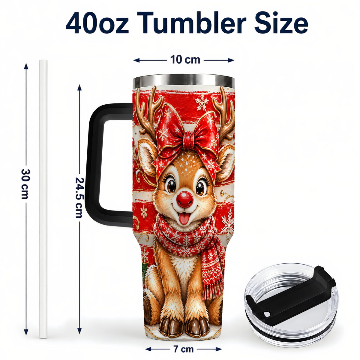#pl[40oz|Black] Cute Reindeer 40oz Tumbler with Handle, Winter Stainless Steel Travel Cup