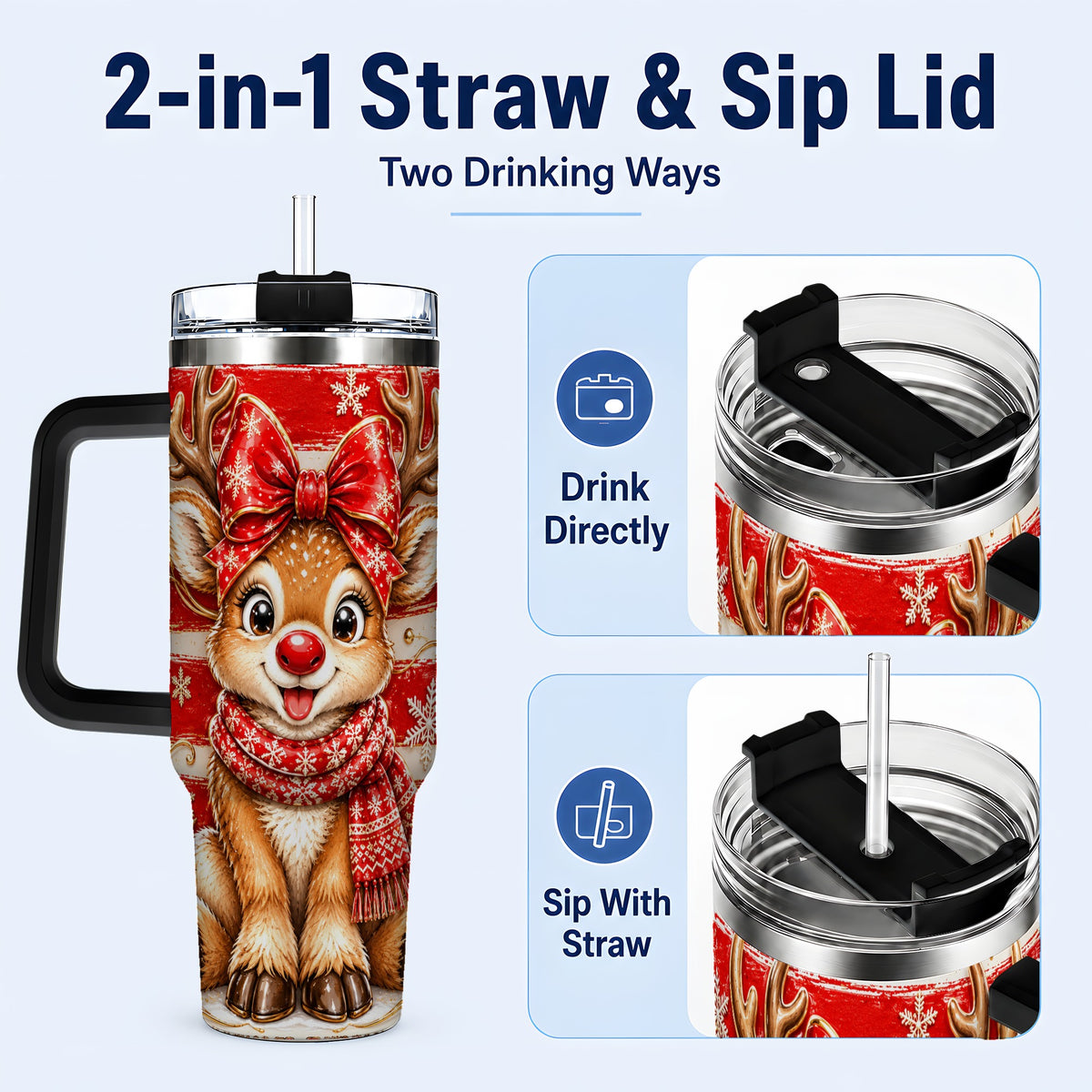 #pl[40oz|Black] Cute Reindeer 40oz Tumbler with Handle, Winter Stainless Steel Travel Cup